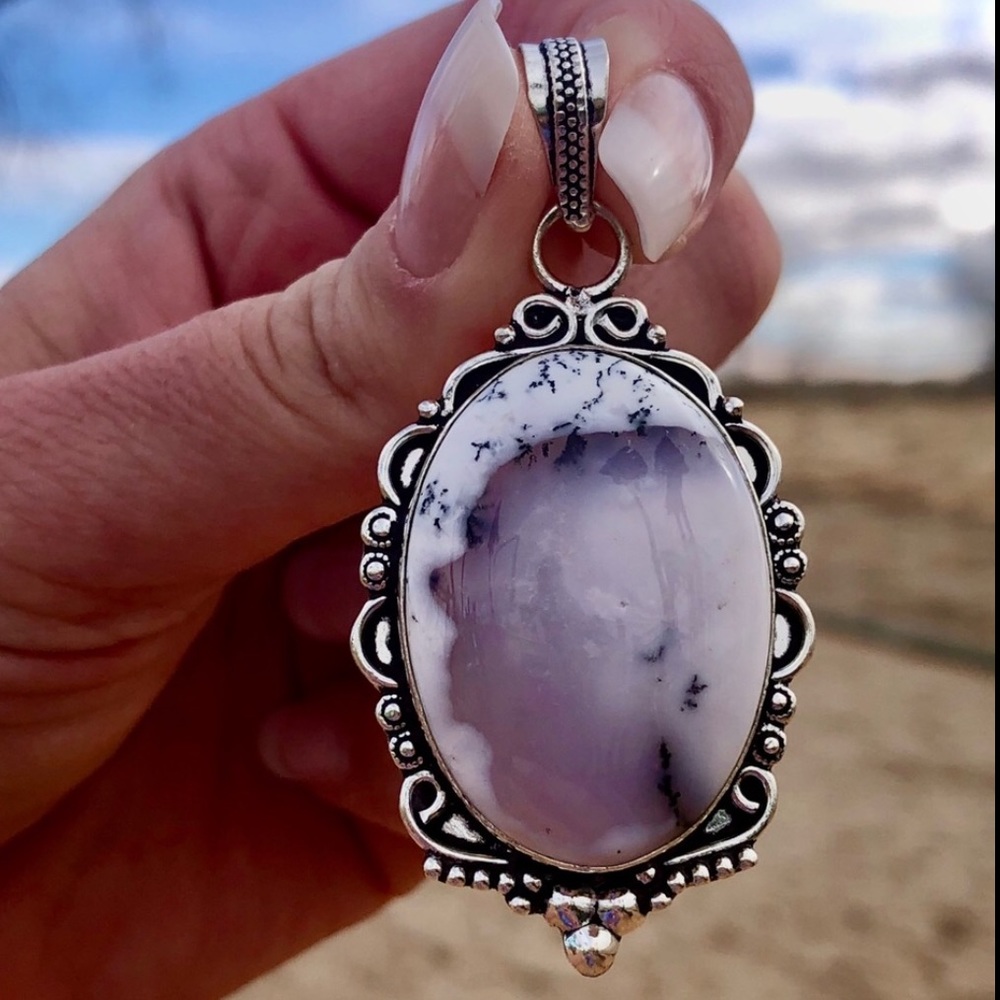 Sterling Silver White Black And Oblique Dendrite Opal Pendant